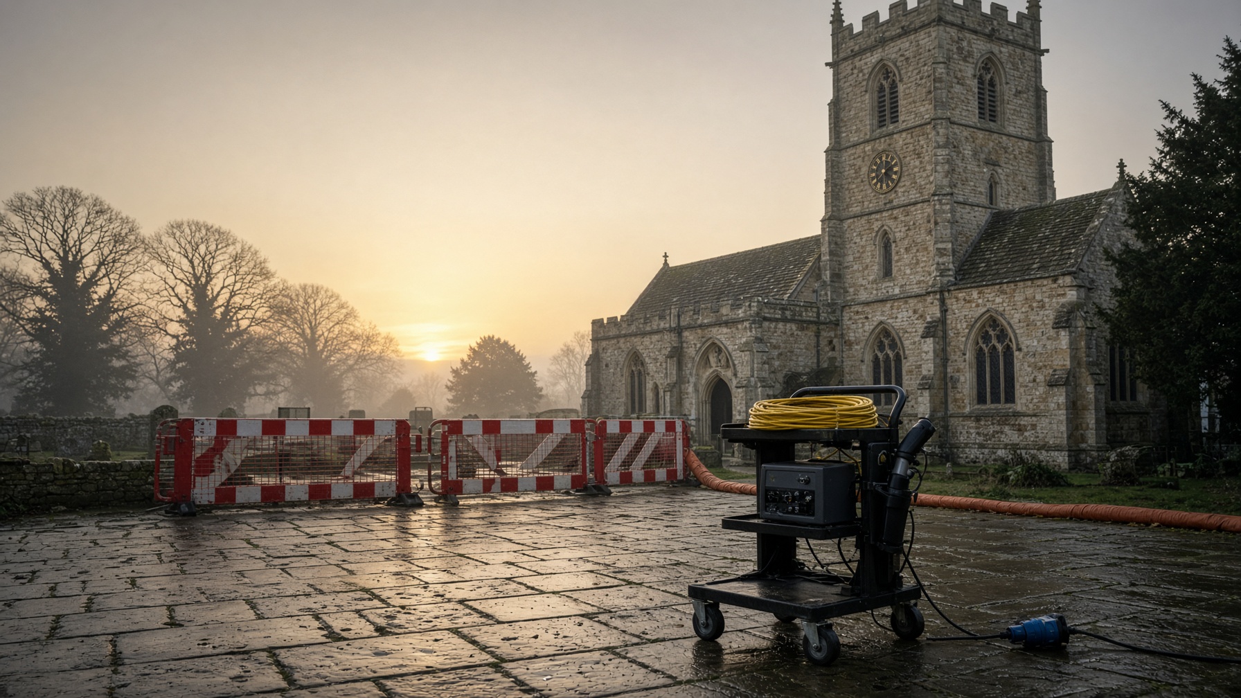 Dawn mobilisation at a listed church: exclusion barriers, compact fibre-laser trolley, cable covers.
