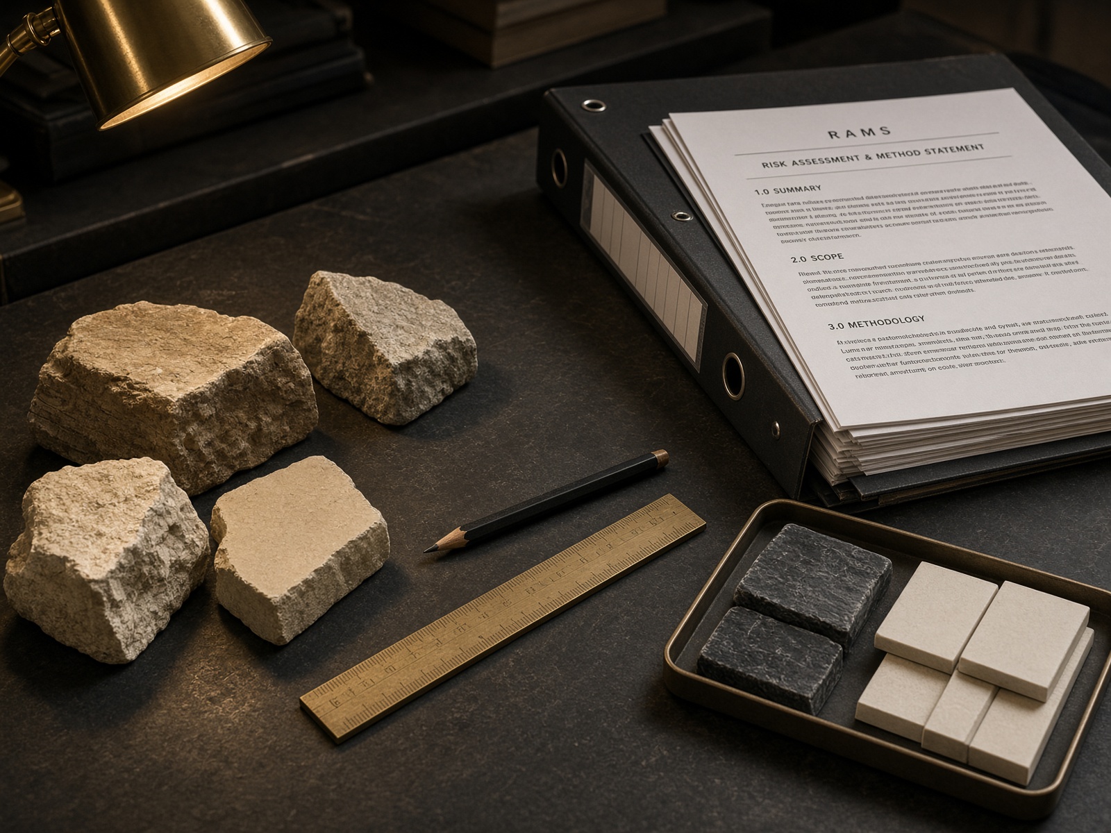 Conservation desk: stone samples, specification binder, RAMS papers and a brass scale.